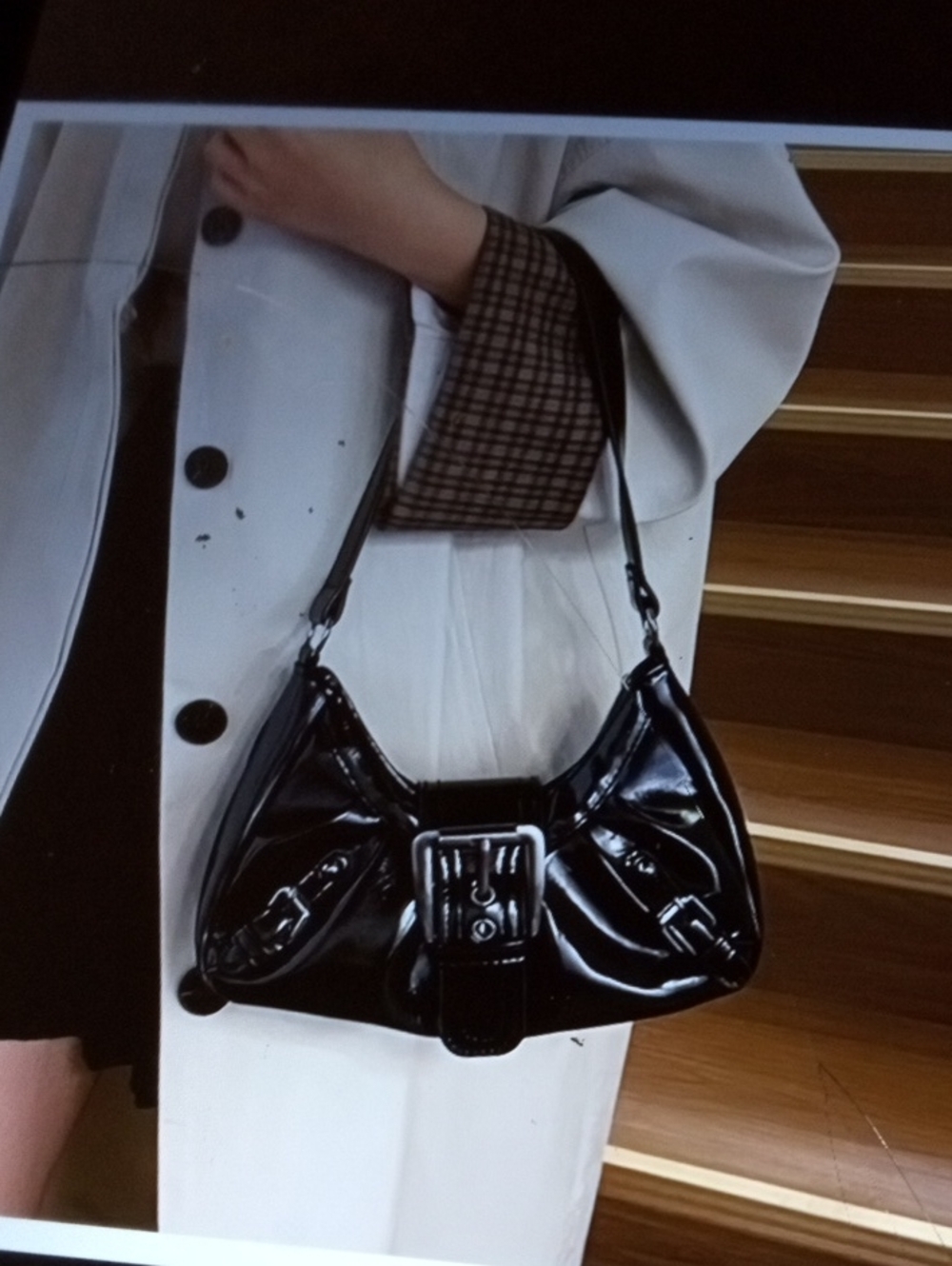 Black Patent Shoulder Bag with Buckle Accent